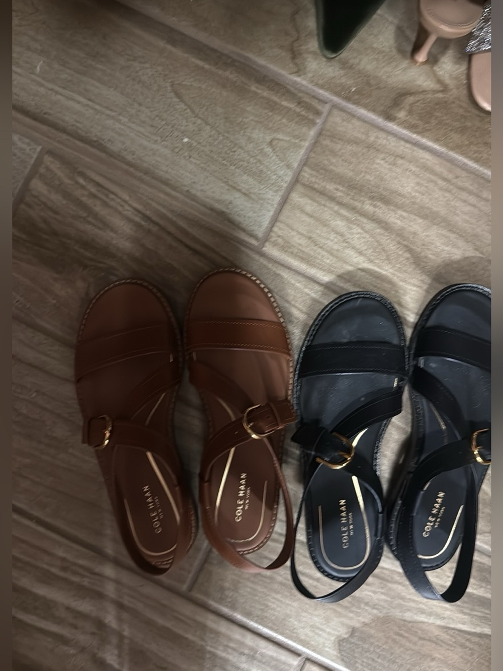 Cole Haan Brown and Black Leather Slingback Sandals with Gold Buckles